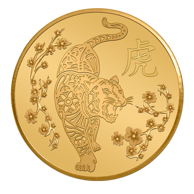 A picture of a 1/10 oz. TD Year of the Fearless Tiger Gold Round